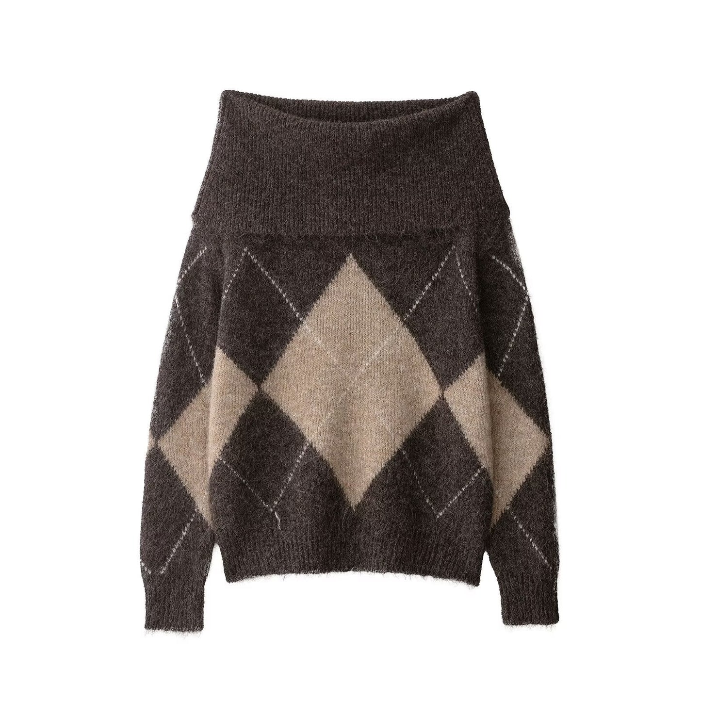 Damen Pullover Weich Rautenmuster Elegant