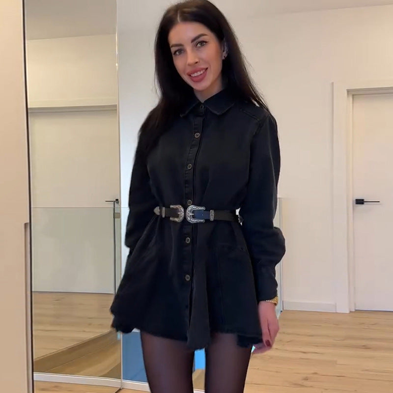 Damen Denim Kleid Mit Gürtel Figurformend
