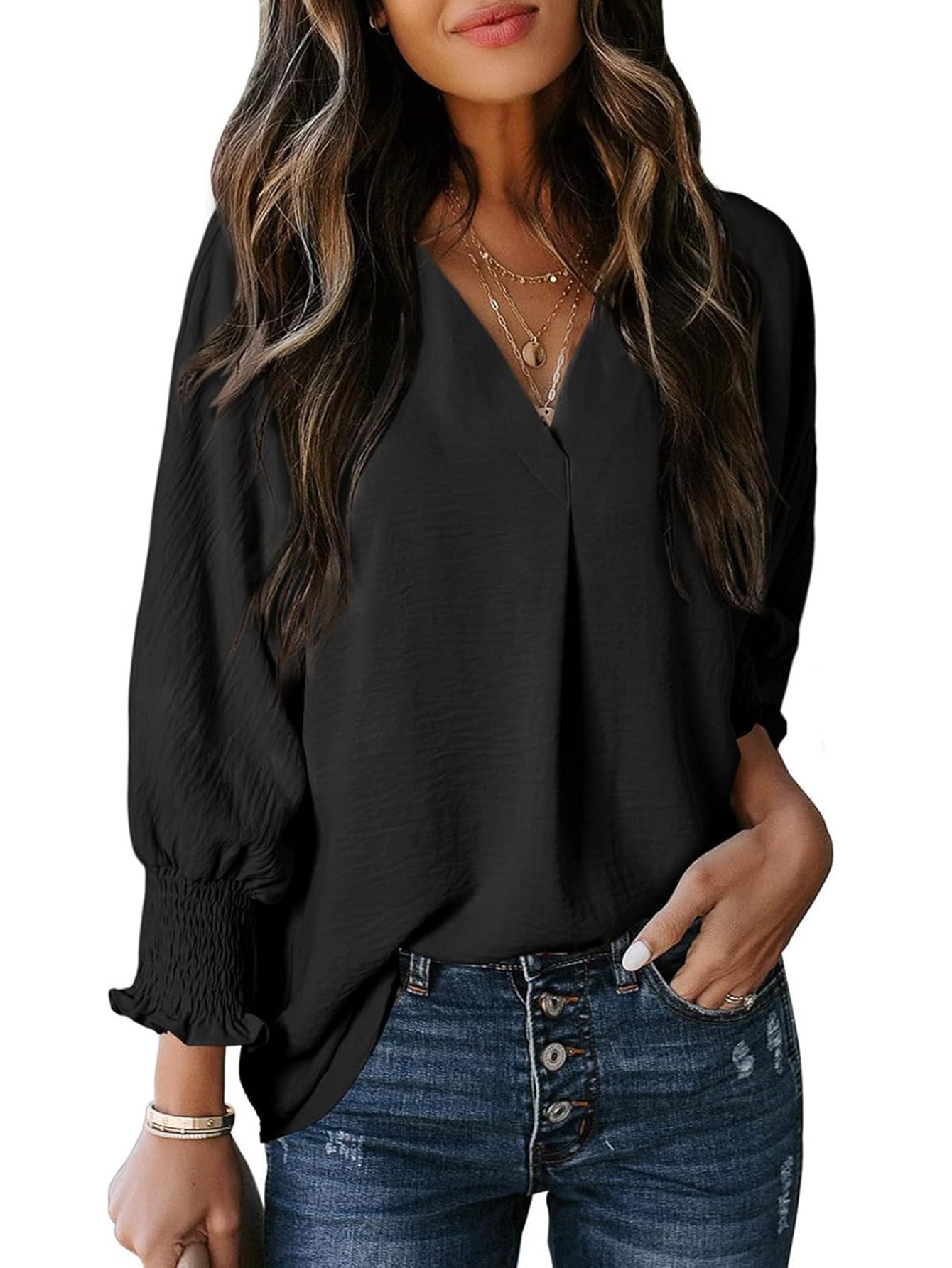 Damen Bluse V-Ausschnitt Rüschendetails Elegant