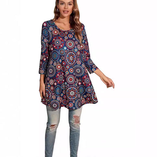 Damen Tunika Mandala Druck Sommerkleid Elegant - IdealeKleiden