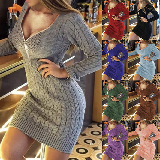 Damen Strickkleid Zopf Muster Elegant Lang - IdealeKleiden