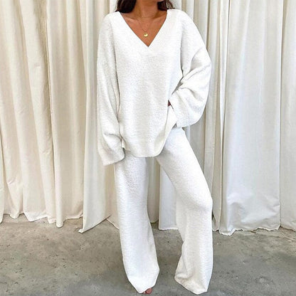 Damen Fleece Lounge Set V-Ausschnitt Komfort Wear