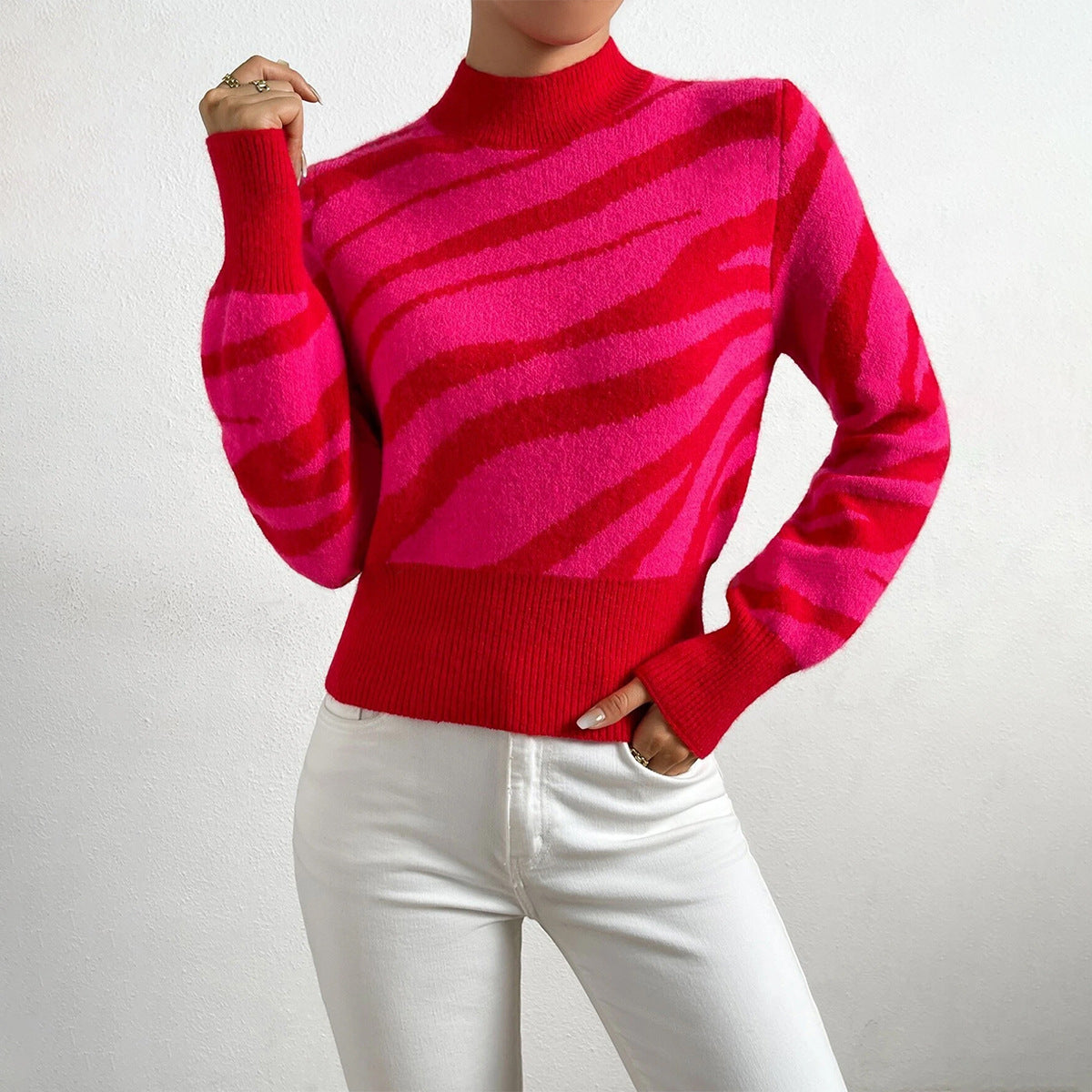 Zebra Strickpullover Damen Elegant Hochkragen