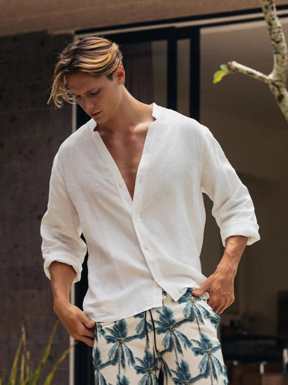 Herren Leinenhemd Relaxed Fit Knopfverschluss