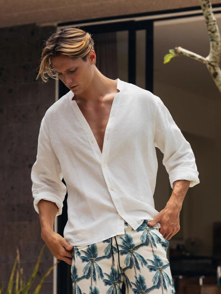 Herren Leinenhemd Relaxed Fit Knopfverschluss