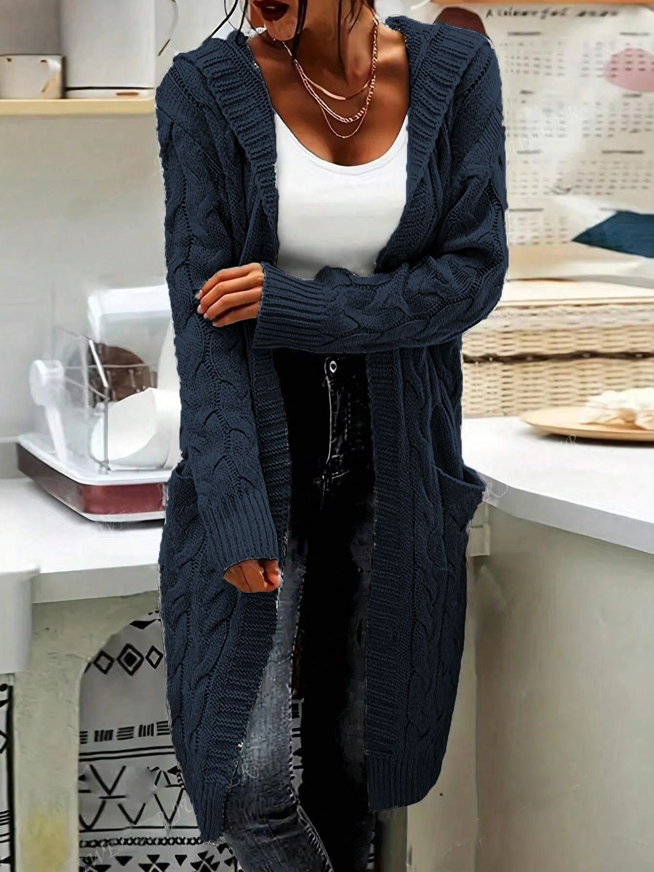Damen Strickjacke Lässig Lang Große Taschen