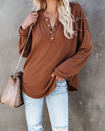 Damen Langarmshirt Lässig Knopf Detail Oberteil