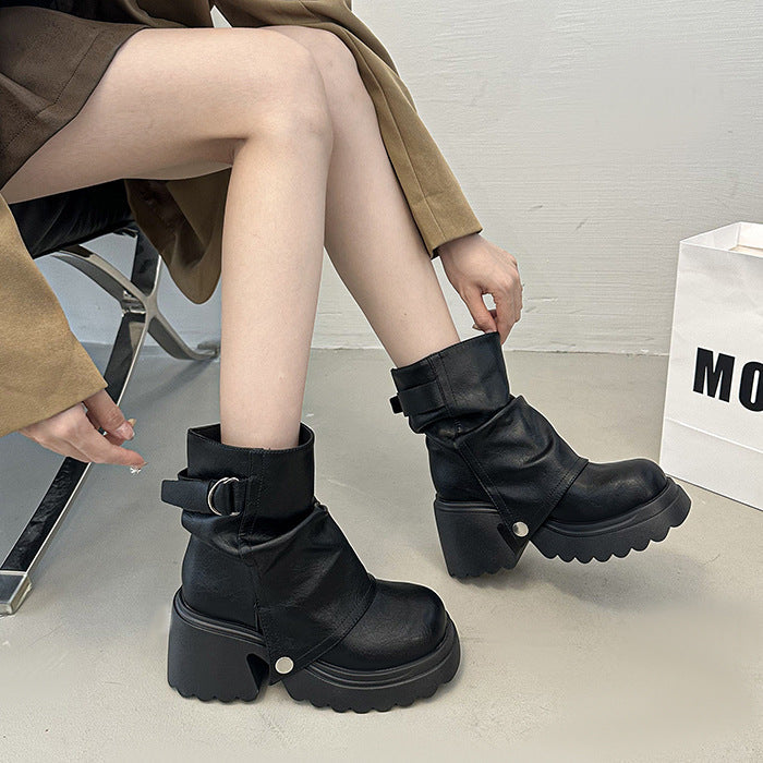 Damen Stiefel Chunky Elegant Riemen Sohle