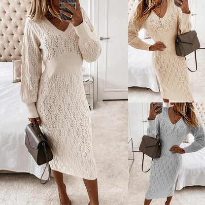 Damen Strickkleid Elegant V-Ausschnitt Durchsichtig Effekt - IdealeKleiden