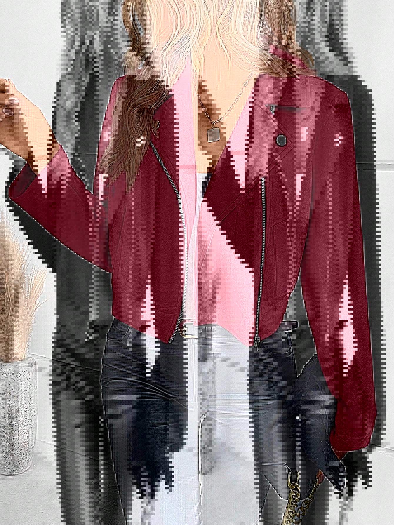 Damen Lederjacke Bikerstil Asymmetrisch Elegant