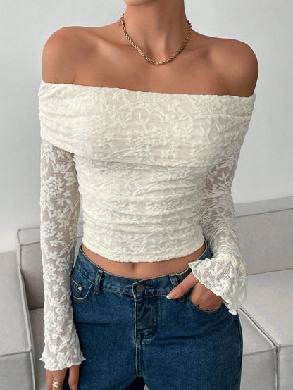Damen Off-Shoulder Top Spitze Langarm Rüschen