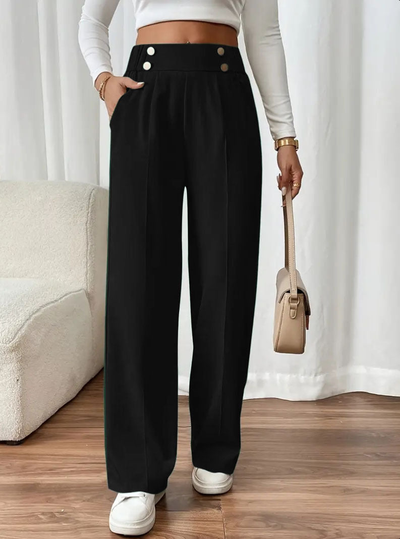Damen Hose Weit Bequem Knopf Detail Elegant