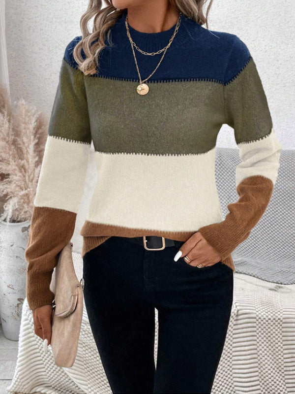 Damen Strickpullover Trendig Blockstreifen Hoher Kragen