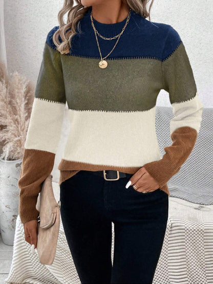 Damen Strickpullover Trendig Blockstreifen Hoher Kragen