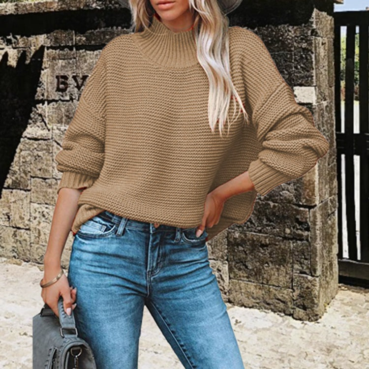 Damen Pullover Weich Strickmuster Hochkragen