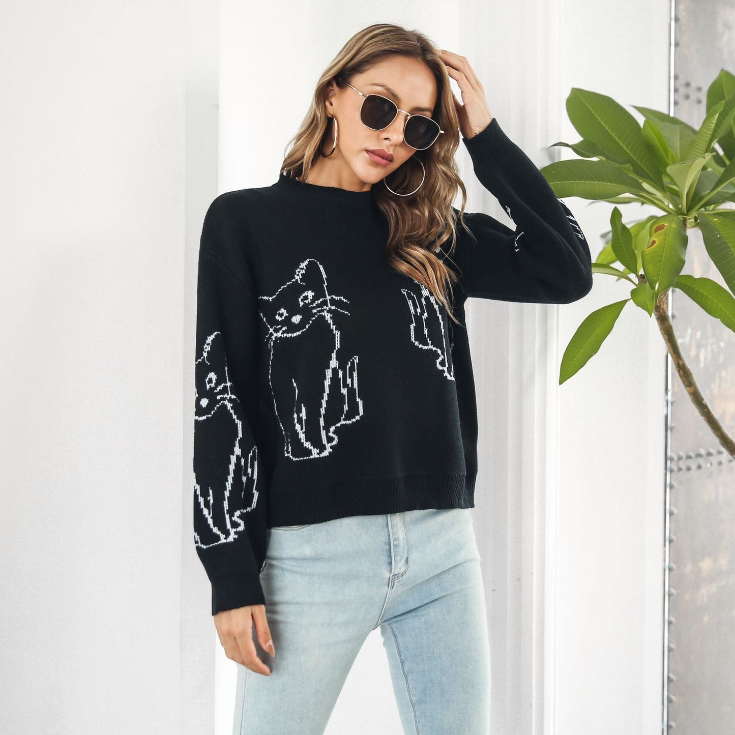 Damen Pullover Katzenmuster Lässig und Bequem