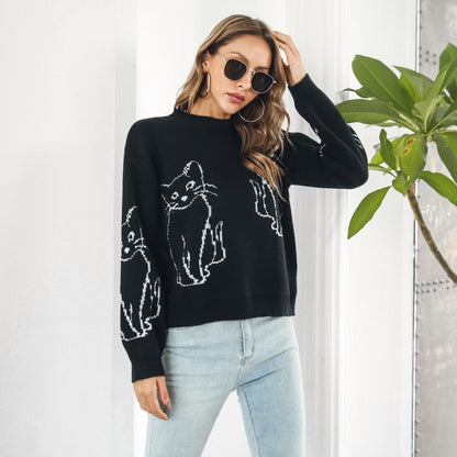 Damen Pullover Katzenmuster Lässig und Bequem