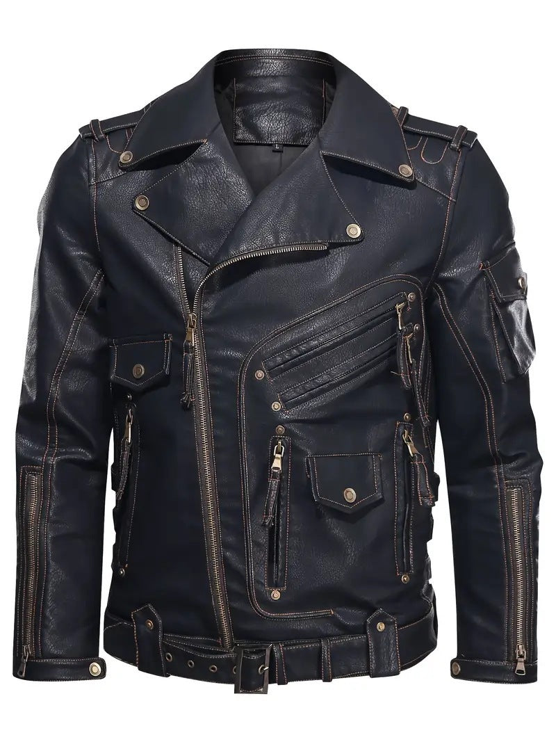 Herren Lederjacke Biker Style Reißverschluss Taschen