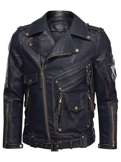 Herren Lederjacke Biker Style Reißverschluss Taschen
