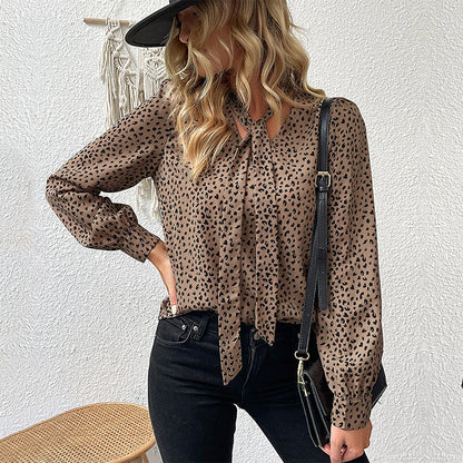 Damen Bluse Leoparden Muster Schleifen Detail - IdealeKleiden