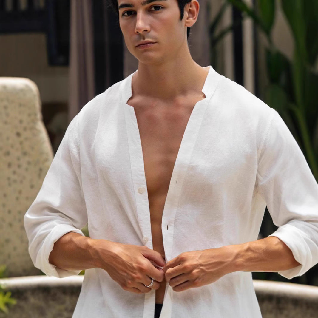 Herren Leinenhemd Relaxed Fit Knopfverschluss - IdealeKleiden