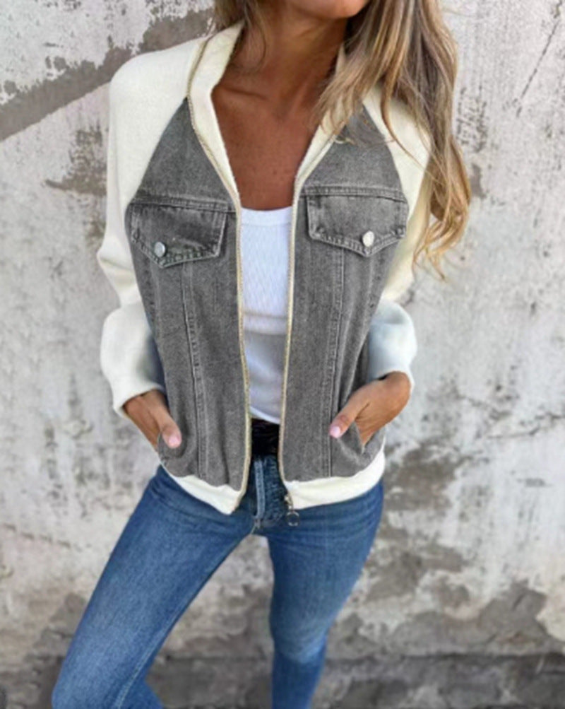 Damen Sweaterjacke Denim Style Fleece Ärmel