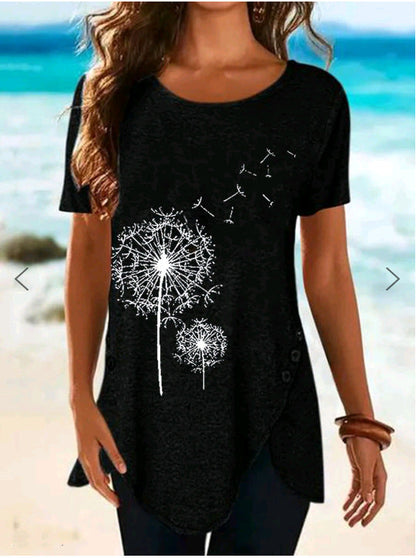 Damen Top Kurzarm Asymmetrisch Dandelion Print