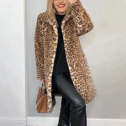 Damen Teddy-Mantel Leopardenmuster Weich Fleece Luxus