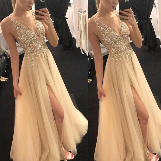 Glamouröses Abendkleid Damen Hochgeschlitzt Glitzernd Elegant - IdealeKleiden