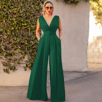Damen Jumpsuit Elegant V-Ausschnitt Weite Bein