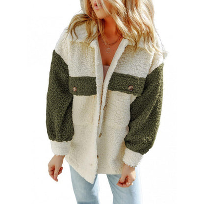 Weiche Damen Teddyjacke Kontrast Ärmel Winter