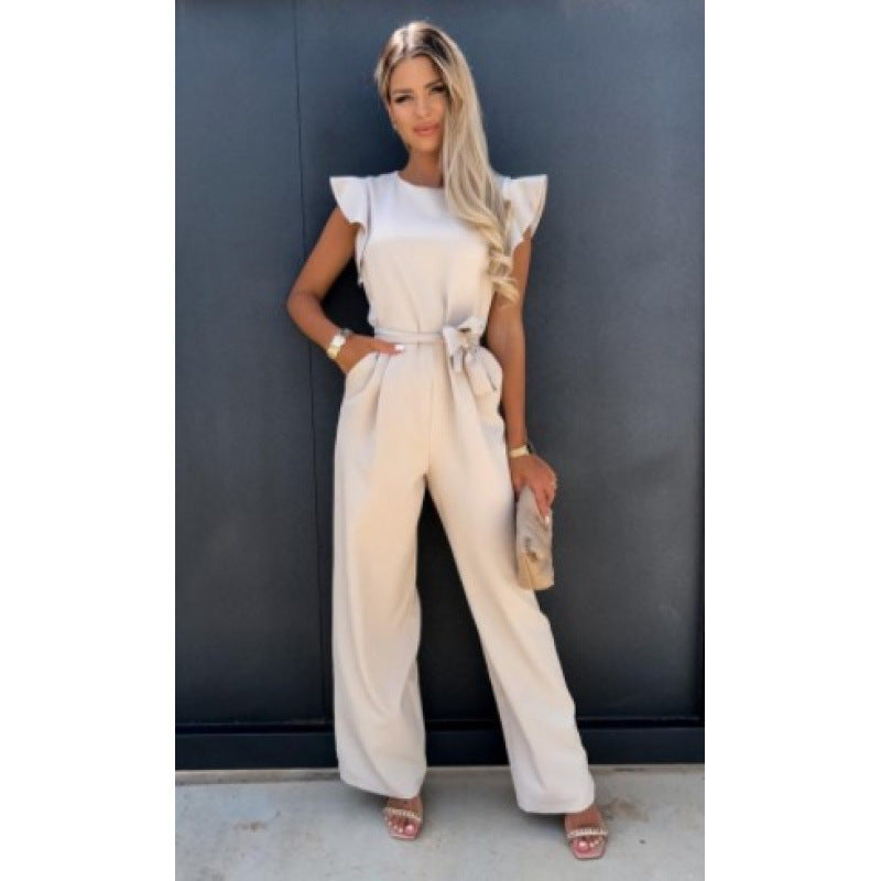 Damen Jumpsuit Elegant Weitbeinig Rüschen Ärmel