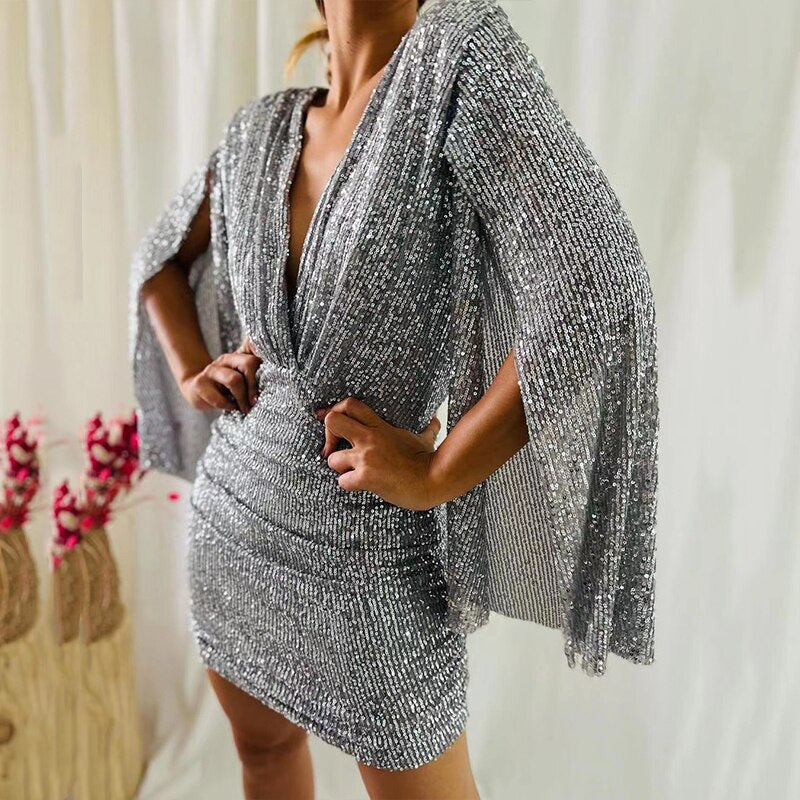 Glitzerndes Partykleid Damen Elegant V-Ausschnitt
