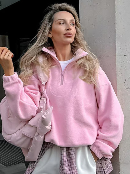 Damen Fleece Pullover Weich Kurz Reißverschluss