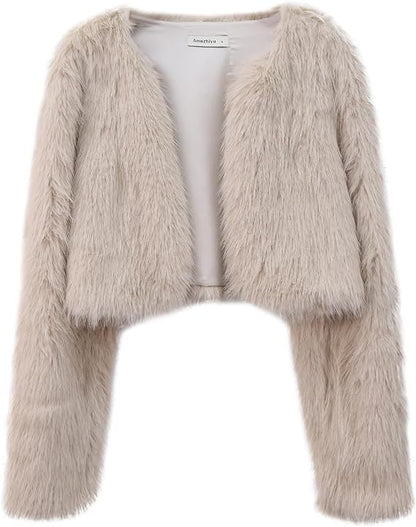 Damen Kurzjacke Flauschig Offener Schnitt Chic