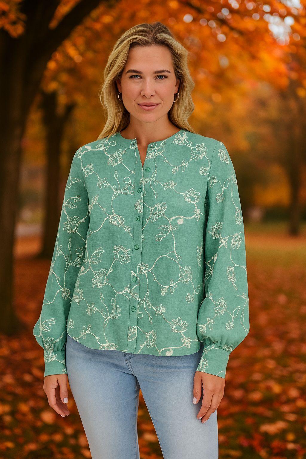 Sommerbluse Damen Grüne Blumenstickerei Lockere Façon