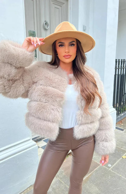 Kunstfell Pufferjacke Kurz Plüsch Winter Mantel Damen