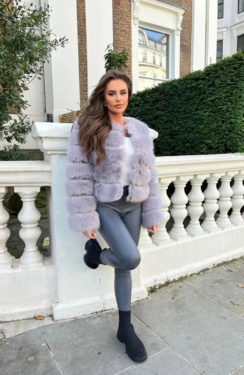 Kunstfell Pufferjacke Kurz Plüsch Winter Mantel Damen - IdealeKleiden