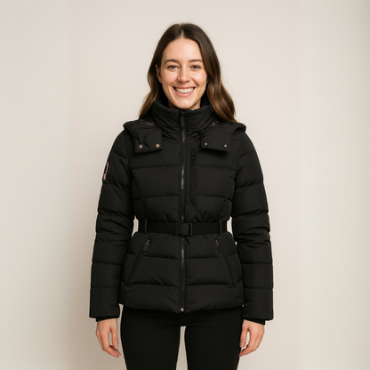 Damen Pufferjacke Schwarz Elegant Gürtel