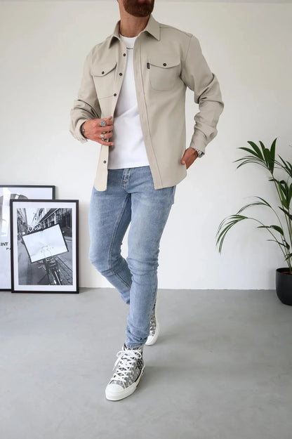 Herren Langarm Hemd Jacke Modern Mit Brusttaschen