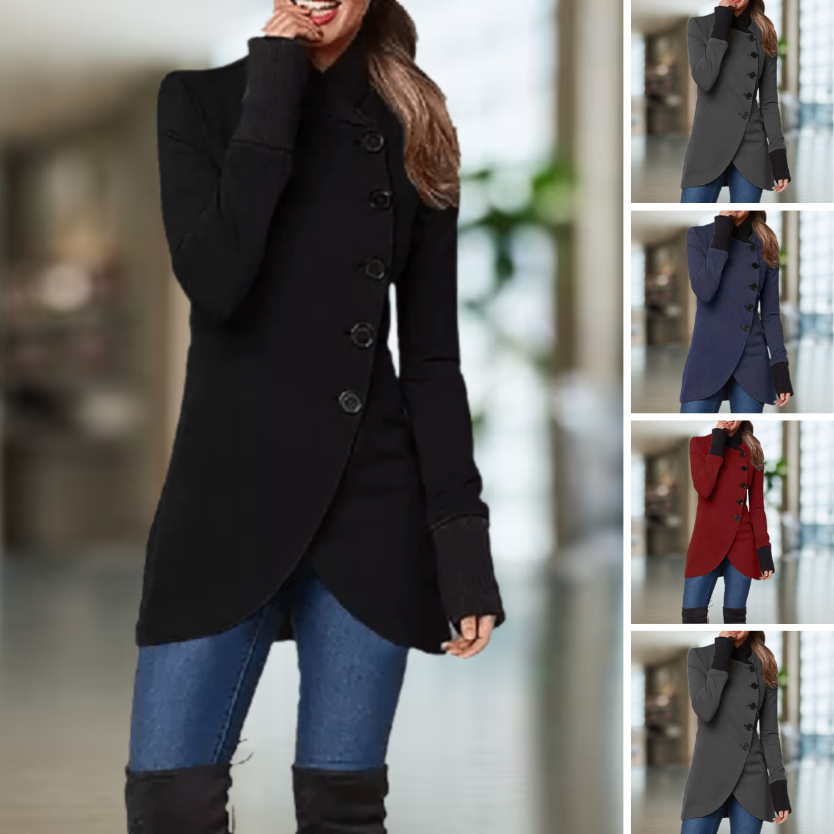 Eleganter Damenmantel Asymmetrisch Knopfverschluss Slim Fit - IdealeKleiden