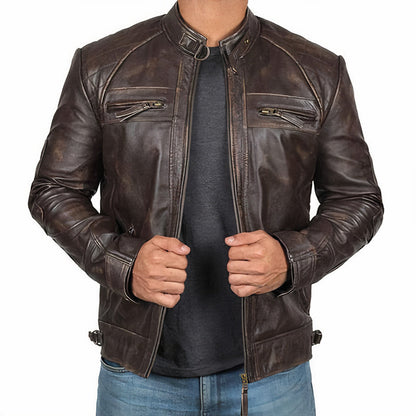Robuste Herren Motorradjacke Reißverschluss Taschen - IdealeKleiden