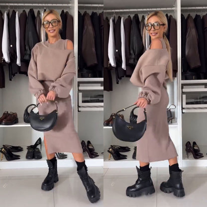 Modisches Frauenkleid Set mit Cold Shoulder Top und Midi Rock