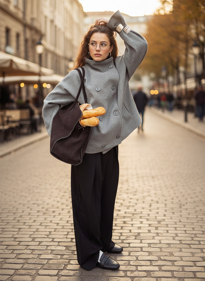 Oversized Wolljacke Stehkragen Doppelknöpfe