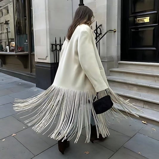 Elegante Damenjacke Creme Weiß Fransen Detail - IdealeKleiden