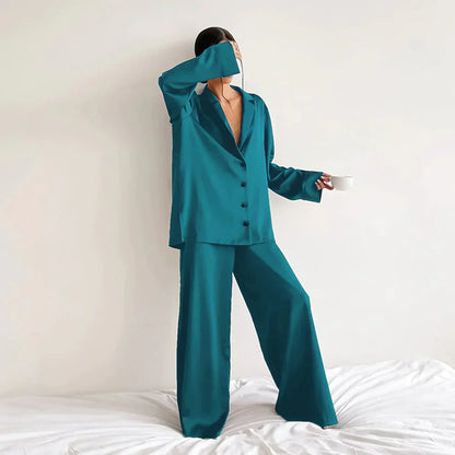 Damen Pyjama Satin Weiss Weite Hose