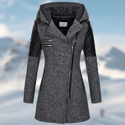 Stylische Wolljacke Damen Taillierte Passform Kapuze Reißverschluss