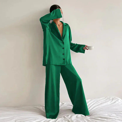 Damen Pyjama Satin Weiss Weite Hose