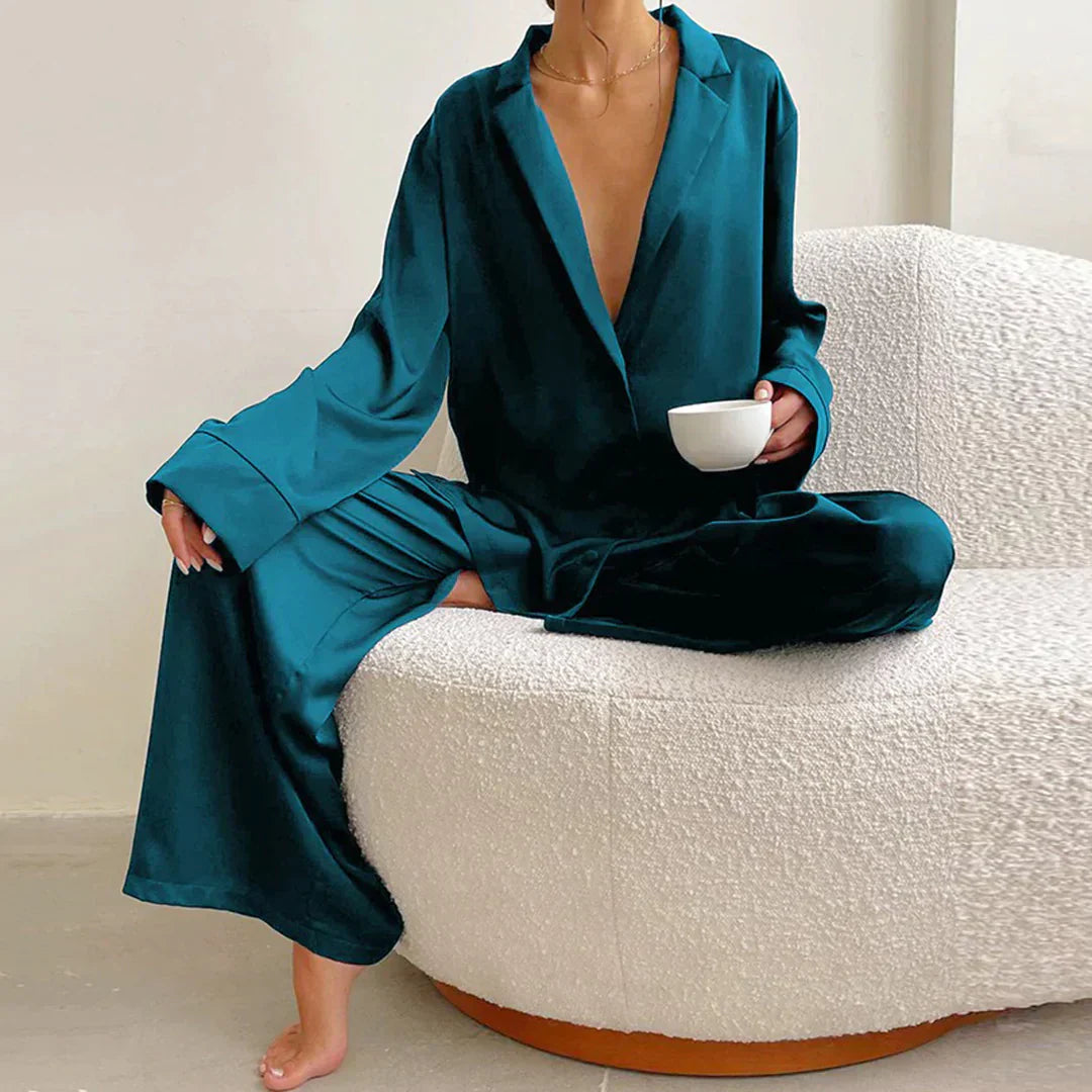 Damen Pyjama Satin Weiss Weite Hose