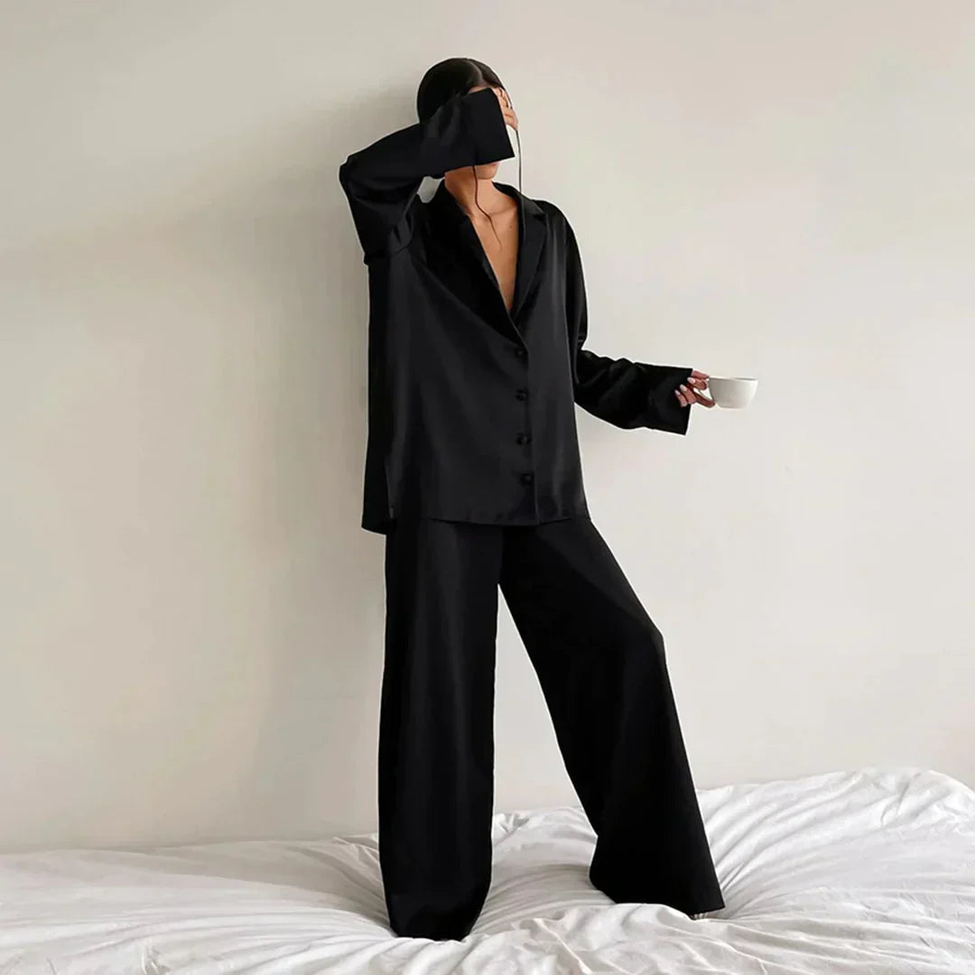 Damen Pyjama Satin Weiss Weite Hose